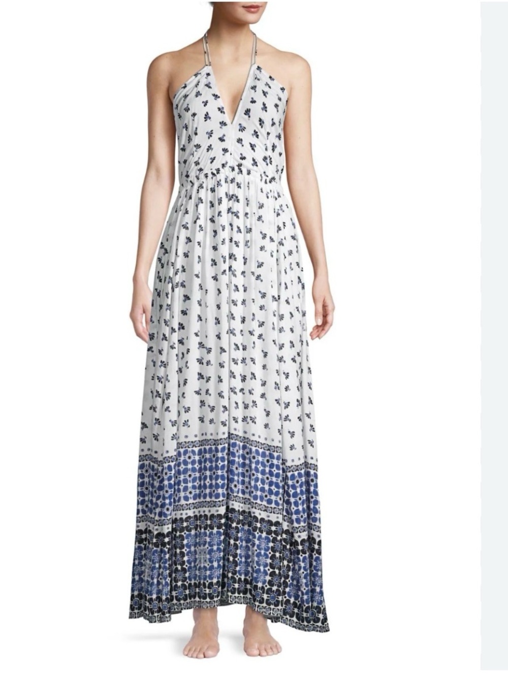 Roller Rabbit White and Blue Halter Border-Print Maxi Dress